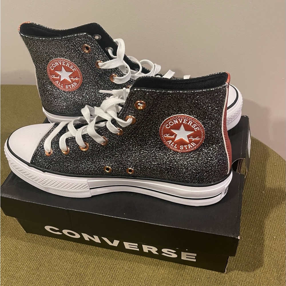 Converse High Top Glitter Sneakers in Black with White Trim